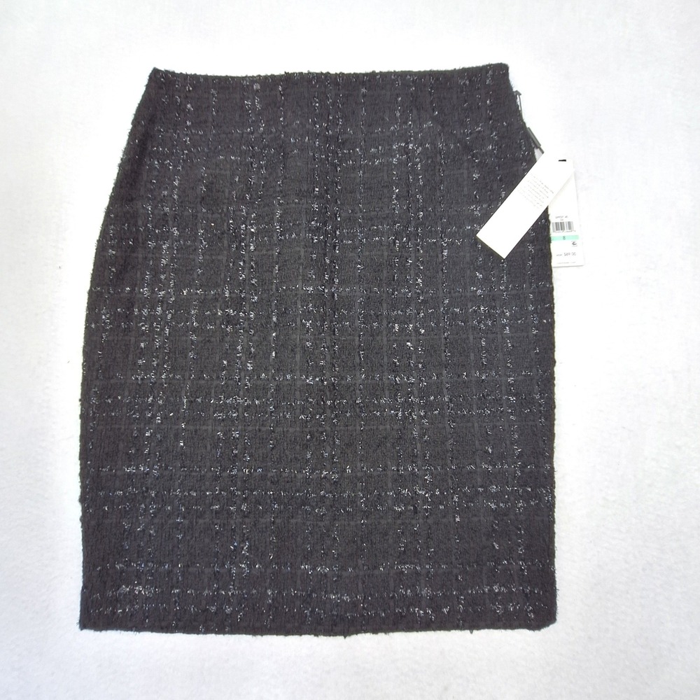 Calvin Klein Pencil Skirt Womens 8 Black Tweed Metallic Professional Chic